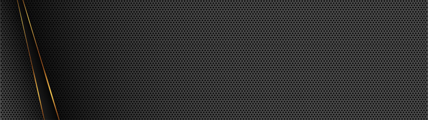 Poster - Dark chrome mesh holes with golden lines background. Geometric minimalistic and dark carbon stripes with minimal tracery design decorative vector ornament