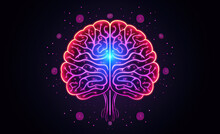 Brain Sign In Purple Color. Neon Line Styled Brain Icon, Symbol Of Science And Intelligence