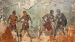© Natalya - Ancient Greek or Roman warriors, fighting gladiators in old cracked wall fresco. Vintage painting with fighters. Theme of art, Greece, Rome, Sparta, history, war