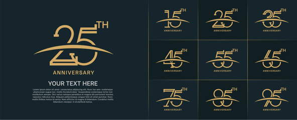 set of anniversary logotype flat gold color with swoosh for special celebration event