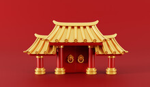 3d Render Of Chinese Temple Gate For Happy Chinese New Year 2024 On Red Background.