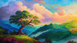 Painting of the tree of life growing on a hill with green grass and flowers with a view overlooking mountains and the beautiful morning dawn sunrise over the fertile valley.
