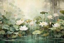 Hand-drawn Watercolor Painting Of A Beautiful Lotus Lake. Landscape Painting With Blooming Lotus Flowers, Pink Petals, Buds, Large Leaves, Aquatic Plants Generative AI
