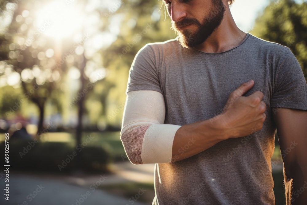 A man is pictured with a bandage wrapped around his arm. This image can ...