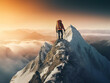 © domi002 - A determined climber triumphantly conquering a difficult summit with striking rock formations.