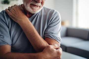 Poster - An older man is seen holding his arm over his shoulder. This image can be used to depict support, care, or assistance