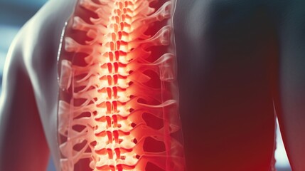 Aufkleber - A detailed close-up view of a human spine with a red light illuminating it. Perfect for medical and scientific presentations