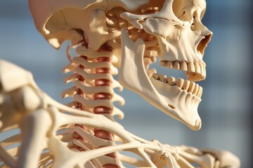 Aufkleber - A model of a human skeleton with the head and neck visible. This image can be used for educational purposes or in medical presentations