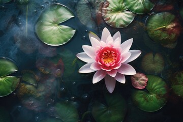 Sticker - A beautiful pink flower gently floating on the surface of a peaceful pond. Perfect for adding a touch of serenity and nature to your designs