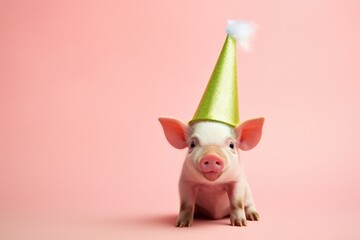 A cute small pig wearing a party hat is pictured on a vibrant pink background. Perfect for celebrating special occasions and adding a touch of fun to your designs