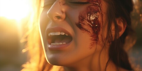 Poster - A woman with blood all over her face. Suitable for horror, Halloween, or crime-related themes