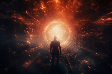 Aufkleber - A man is seen standing in a dark tunnel, with a glimmer of light at the end. This image can be used to represent hope, perseverance, or the concept of overcoming challenges