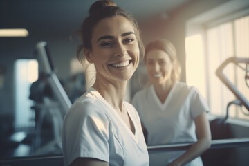 Poster - A woman with a smile on her face standing in a gym. Ideal for fitness and wellness-related content