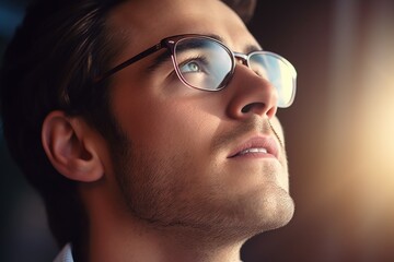 Poster - A man wearing glasses looking up at the sky. Perfect for technology, astronomy, and curiosity concepts