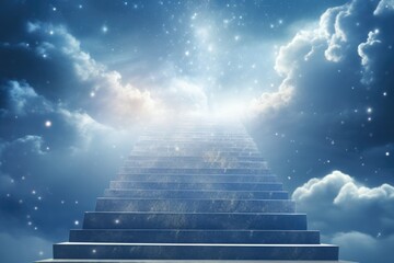 Poster - A stairway leading up to a bright sky. Perfect for concepts of hope, progress, and new beginnings. Can be used in presentations, articles, or website designs