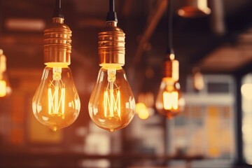 Poster - A bunch of light bulbs hanging from a ceiling. Can be used to depict creativity, innovation, or bright ideas