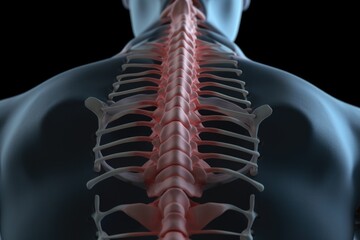 Aufkleber - A close-up view of the back of a man's skeleton, highlighting the red spine. This image can be used to illustrate anatomy, medical conditions, or as a visual aid for educational materials