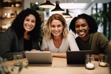 Poster - Three women are seen sitting at a table, working together on a laptop. This image can be used to depict teamwork, collaboration, or a business meeting