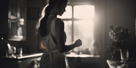 Poster - A woman standing in a kitchen next to a window. Ideal for home decor or cooking related content