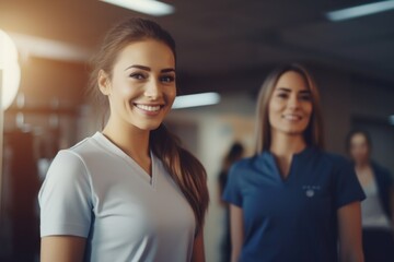 Poster - Two women standing together in a gym. Suitable for fitness and workout themes