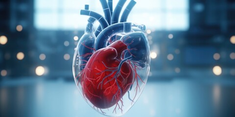 Poster - A model of a human heart is displayed in a dark room. This image can be used to illustrate medical concepts or for educational purposes