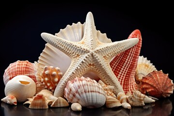 Poster - A pile of sea shells neatly arranged on a table. Perfect for beach-themed decorations or nature-inspired designs