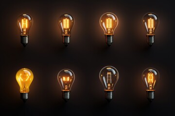 Wall Mural - A group of light bulbs sitting next to each other. Perfect for illustrating concepts such as creativity, innovation, energy efficiency, and bright ideas