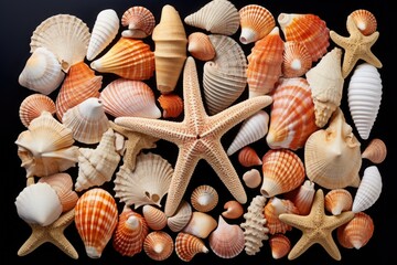 Poster - A collection of sea shells and starfish arranged neatly on a black background. Perfect for beach-themed designs and decorations