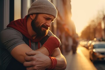 Poster - A man with a beard leaning against a building. Suitable for various commercial and editorial uses