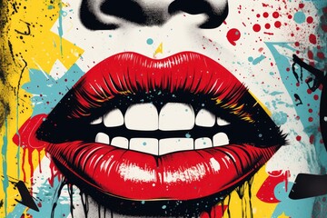 Wall Mural - A painting of a woman's mouth with vibrant red lips. Can be used as a bold and eye-catching image for various purposes