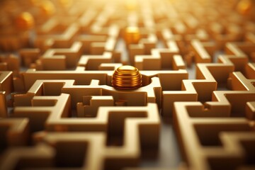 Poster - A golden coin placed in the center of a complex maze. Can be used to symbolize success, challenges, or finding one's way through difficult situations