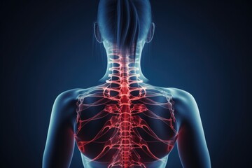Poster - A close-up view of a woman's back with a highlighted spine. This image can be used to illustrate anatomy, healthcare, fitness, or back pain-related topics