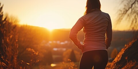 Canvas Print - A woman standing on top of a hill, enjoying the beautiful sunset. Perfect for nature and outdoor-themed projects