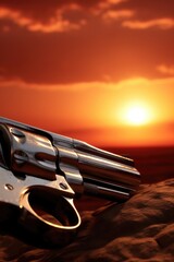 Poster - A revolver sits on top of a rock, illuminated by the warm glow of a sunset. Perfect for crime and mystery themes