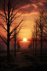 Poster - The sun sets behind a line of bare trees. Suitable for nature and landscape themes