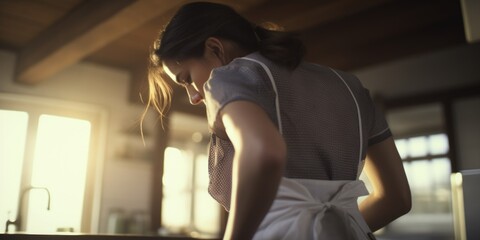 Poster - A woman wearing an apron stands in a kitchen