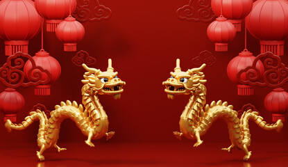 Wall Mural - 3d render for Happy Chinese new year 2024 of golden dragon zodiac with lanterns and cloud on red background.