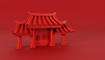 Wall Mural - 3d render of Red Chinese temple gate for Happy Chinese new year 2024 on red background.