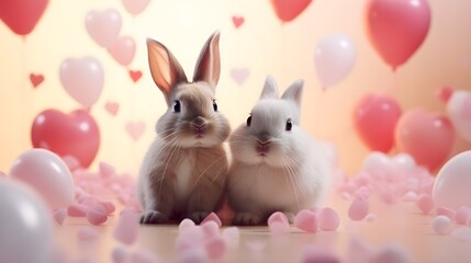 Wall Mural - Portrait of a pair of bunny surrounded by heart-shaped balloons on Valentine's Day atmosphere background, background image, generative AI