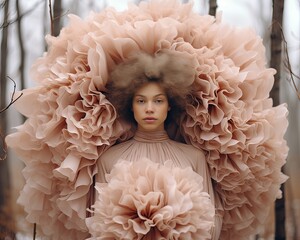 Wall Mural - The photograph depicts a person, a woman's face, surrounded by a frame of giant flowers