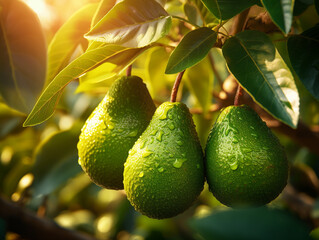 Wall Mural - A flourishing avocado orchard with vibrant leaves. Comfortable morning atmosphere. Avocados are ready to be harvested.