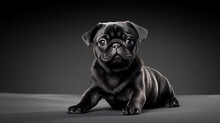 Black Pug Dog On Isolated On Black Grey Background