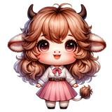 Fototapeta Do pokoju - A delightful chibi girl cow wearing a white blouse and a pink skirt