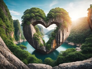 two large rocks naturally positioned to form a heart shape amidst stunning nature