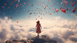 Rêve céleste : Femme au sommet d'un ravin, entourée de ballons s'élevant au-dessus des nuages