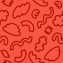 Poster - Monochrome seamless pattern of playful doodles shapes. Creative background with trendy linear basic shapes. Red colors. Vector illustration