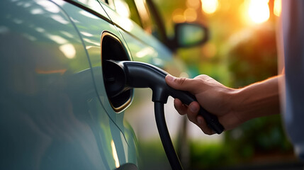 Wall Mural - copy space, stockphoto, close up of a hand putting electic charging socket in an electrical car. Environment friendly energy. Zero emission. Ecological energy and transport. Charging an electrical car