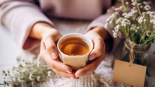 top view of woman's hands holding a cup of herbal tea, mental health, relaxation,  international women's day, mothers day, anniversary morning