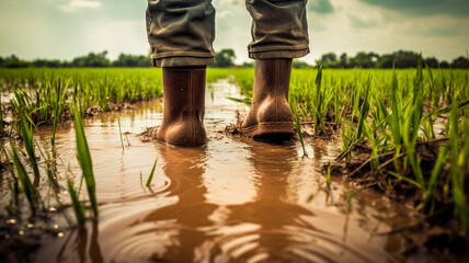 man in rubber boots walking in field