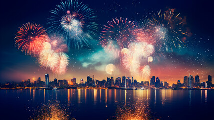 Wall Mural - colorful fireworks over dubai cityscape at night